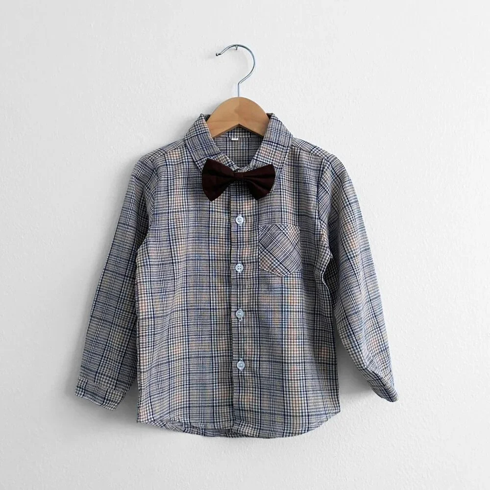 NWT Handsome Boys Dress Shirt Bow Tie Pants & Suspender Matching Set Brown 9-12M - Picture 2 of 6